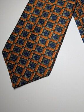 Kolte Italy Silk Geometric Necktie Orange Blue Kinked As Is